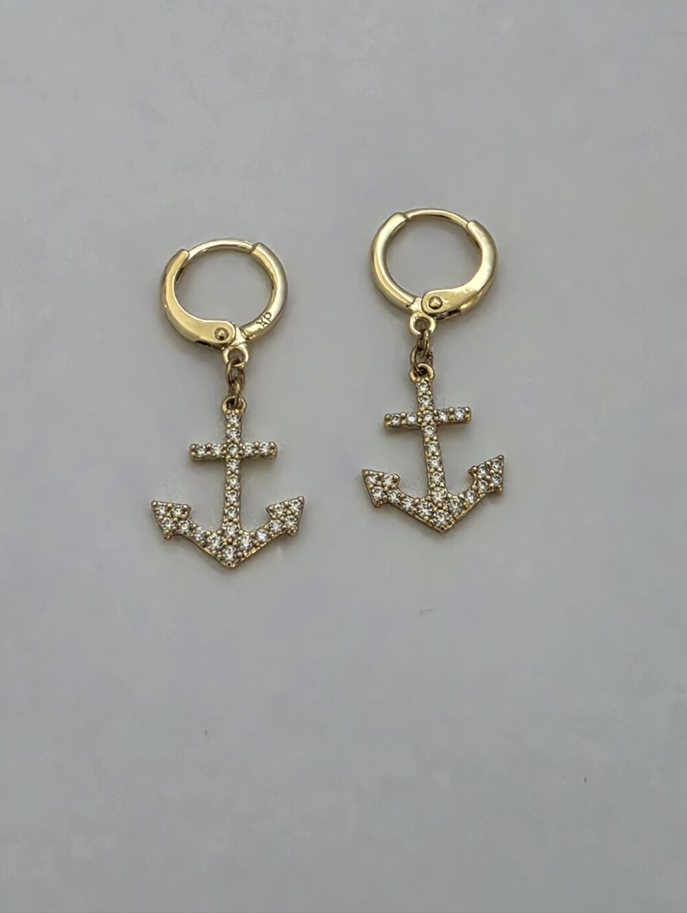 Gold Plated CZ Anchor Dangle Hoop Earrings Nautical Sailor
